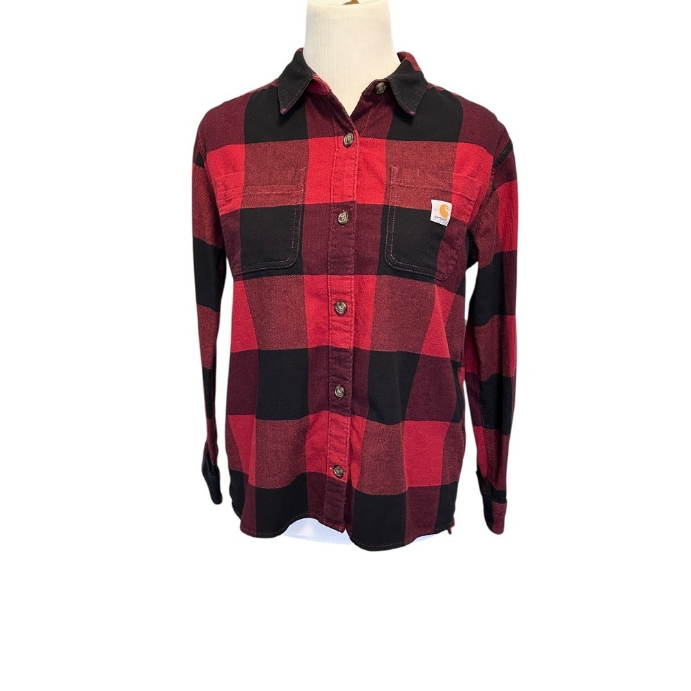 Carhartt Flannel Shirt Womens XS Red Black Buffalo Plaid Rugged Flex Cotton